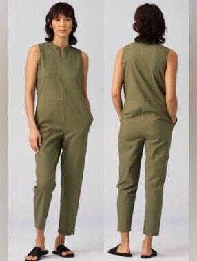 NWT! EILEEN FISHER Cotton Hemp Stretch Jumpsuit In Olive Green! XXS